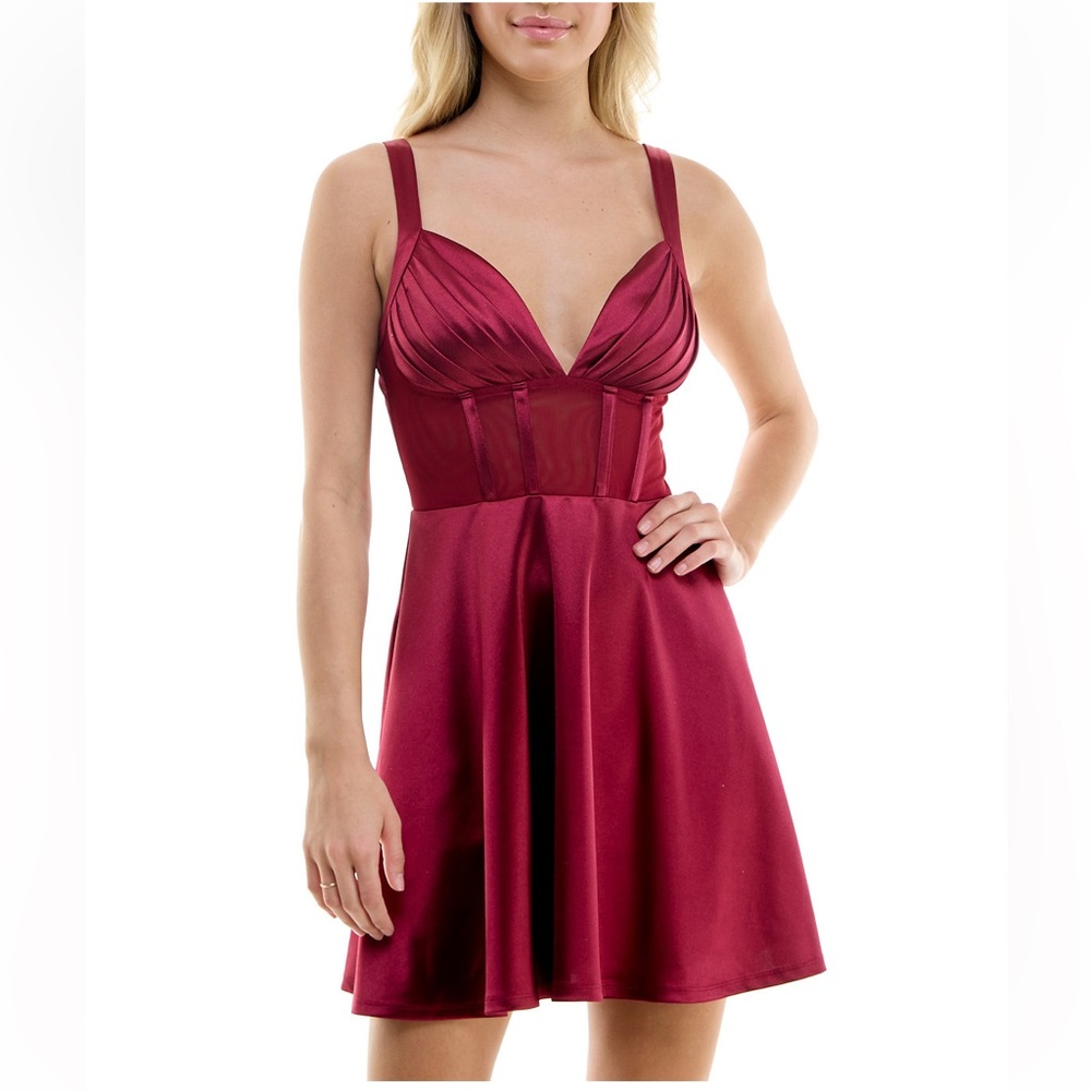 Juniors pleated satin fit and flare dress